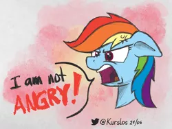 Size: 2000x1500 | Tagged: safe, artist:kurslos, derpibooru import, rainbow dash, pegasus, pony, angery, angry, atg 2021, blatant lies, cross-popping veins, emotions, female, image, mare, newbie artist training grounds, open mouth, png, solo, text, yelling