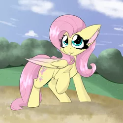 Size: 2000x2000 | Tagged: safe, artist:galacticguardian, artist:jubyskylines, derpibooru import, fluttershy, pegasus, pony, ear fluff, eyelashes, female, folded wings, head turned, high res, image, looking at you, mare, outdoors, png, raised hoof, solo, standing, tongue out, two toned wings, wing fluff, wings