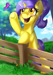 Size: 2508x3541 | Tagged: safe, artist:ali-selle, derpibooru import, oc, oc:tulipan, unofficial characters only, butterfly, insect, pony, unicorn, bipedal, cute, female, fence, high res, horn, image, mare, ocbetes, open mouth, png, tree, unicorn oc