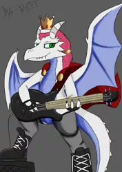 Size: 2480x3508 | Tagged: safe, derpibooru import, oc, oc:alika rex, unofficial characters only, dragon, bass guitar, clothes, crown, dragoness, dragon oc, female, high res, horns, image, jewelry, jpeg, looking at you, mantle, musical instrument, regalia, request, simple background, socks, solo, stockings, thigh highs, wings