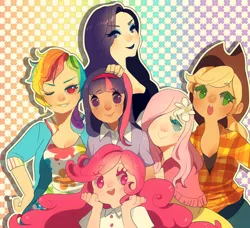 Size: 900x820 | Tagged: safe, artist:ame-nii, derpibooru import, applejack, fluttershy, pinkie pie, rainbow dash, rarity, twilight sparkle, human, cute, female, humanized, image, jpeg, looking at you, mane six, no pupils, one eye closed, smiling, wink