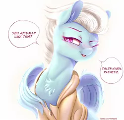 Size: 1342x1300 | Tagged: safe, alternate version, artist:to_fat_to_fly, fleetfoot, pegasus, pony, blushing, chest fluff, clothes, dialogue, female, hoodie, image, jpeg, lidded eyes, mare, one eye closed, open mouth, simple background, solo, white background, wing hands, wings