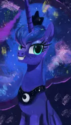 Size: 2160x3840 | Tagged: safe, artist:toisanemoif, derpibooru import, princess luna, alicorn, pony, abstract background, bust, ethereal mane, female, grin, high res, image, mare, png, portrait, smiling, solo