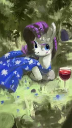 Size: 2160x3840 | Tagged: safe, artist:toisanemoif, derpibooru import, rarity, pony, unicorn, alcohol, clothes, dress, female, glass, grass, high res, image, lying down, mare, png, prone, shade, solo, tree, wine, wine glass