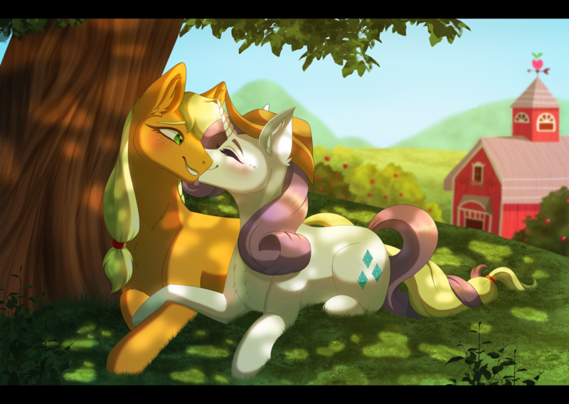 Size: 2048x1453 | Tagged: safe, derpibooru import, applejack, rarity, earth pony, pony, unicorn, accessory swap, applejack's hat, commission, commissioner:raritybro, couple, cowboy hat, cute, female, grass, hat, image, intertwined tails, lesbian, nature, nuzzles, nuzzling, orchard, outdoors, png, rarijack, romantic, ship, shipping, sweet apple acres, tail, tree