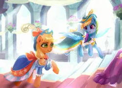 Size: 2779x1999 | Tagged: safe, artist:卯卯七, derpibooru import, applejack, rainbow dash, earth pony, pegasus, pony, appledash, canterlot castle, clothes, coronation, coronation dress, detailed background, digital painting, dress, feather, female, flying, hat, high res, image, jpeg, lesbian, mare, shipping