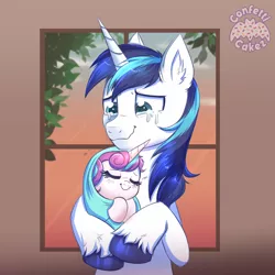 Size: 4000x4000 | Tagged: safe, artist:confetticakez, derpibooru import, princess flurry heart, shining armor, alicorn, pony, unicorn, absurd resolution, atg 2021, baby, baby pony, crying, cute, duo, ear fluff, eyes closed, father and child, father and daughter, female, flurrybetes, hnnng, holding a pony, image, liquid pride, male, newbie artist training grounds, png, shining adorable, smiling, stallion, swaddling, tears of joy, weapons-grade cute, window