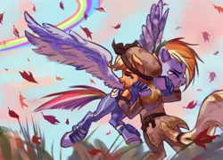 Size: 2779x1999 | Tagged: safe, artist:卯卯七, derpibooru import, applejack, rainbow dash, earth pony, pegasus, pony, alternate hairstyle, alternate timeline, amputee, apocalypse dash, applecalypsejack, appledash, crying, crystal war timeline, falling leaves, female, high res, image, jpeg, leaves, lesbian, mare, rainbow, reunion, shipping, spread wings, tears of joy, wings