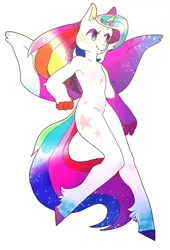 Size: 1076x1583 | Tagged: safe, artist:aa-ko-sama, derpibooru import, oc, unofficial characters only, alicorn, anthro, unguligrade anthro, alicorn oc, butterfly wings, ethereal mane, hoof fluff, horn, image, jpeg, simple background, smiling, solo, starry mane, white background, wings