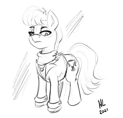 Size: 1103x1061 | Tagged: safe, artist:huffylime, derpibooru import, ms. harshwhinny, earth pony, pony, atg 2021, clothes, female, frown, image, lineart, mare, monochrome, newbie artist training grounds, png, signature, simple background, solo, white background