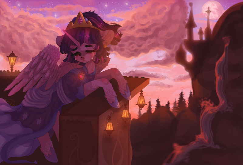 Size: 3000x2040 | Tagged: safe, artist:adishu, derpibooru import, twilight sparkle, alicorn, pony, the last problem, alternate hairstyle, balcony, canterlot, clothes, cloud, coronation, coronation dress, crown, crying, dress, ear piercing, female, floppy ears, high res, image, jewelry, light, mare, piercing, png, regalia, second coronation dress, sky, solo, spread wings, stars, tree, waterfall, wings