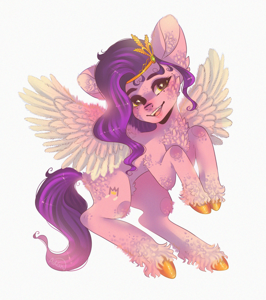 Size: 2004x2260 | Tagged: safe, artist:adishu, derpibooru import, pipp petals, pegasus, pony, adorapipp, cheek fluff, chest fluff, cute, ear fluff, feather, female, g5, high res, hoof fluff, image, leg fluff, looking at you, mare, open mouth, png, raised hoof, simple background, solo, spread wings, unshorn fetlocks, white background, wings