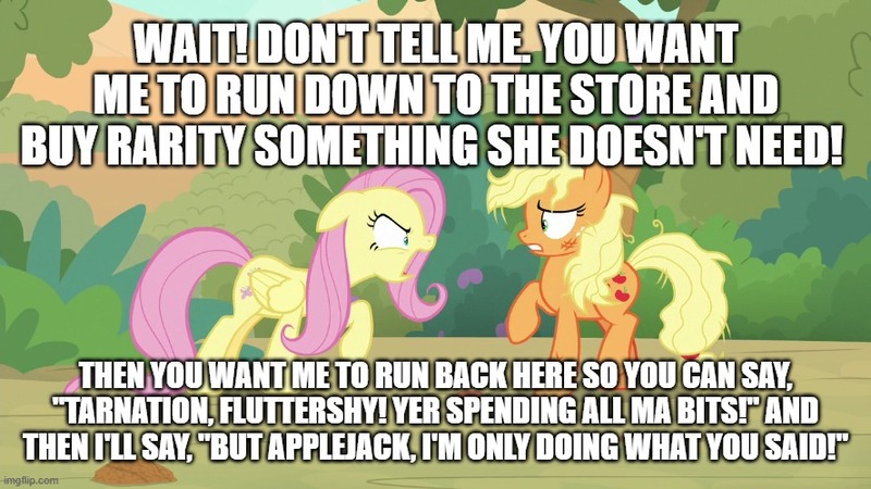 Size: 888x499 | Tagged: safe, derpibooru import, edit, edited screencap, screencap, applejack, fluttershy, season 8, sounds of silence, spoiler:s08, angry, applejack's hat, caption, cowboy hat, duo, hat, image, image macro, imgflip, implied lesbian, implied rarijack, implied rarity, implied shipping, jpeg, krusty love, meme, messy mane, spongebob squarepants, text, yelling