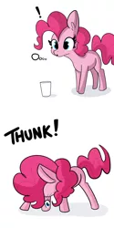 Size: 3000x6000 | Tagged: safe, artist:tjpones, derpibooru import, pinkie pie, earth pony, pony, absurd resolution, cartoon physics, comic, exclamation point, female, glass, image, mare, missing cutie mark, onomatopoeia, pinkie being pinkie, pinkie physics, png, silly, simple background, solo, white background