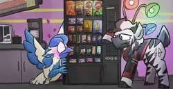 Size: 3840x1959 | Tagged: safe, artist:venseyness, derpibooru import, oc, oc:aiah, oc:zambuko, unofficial characters only, gryphon, zebra, blushing, gay, image, male, png, vending machine