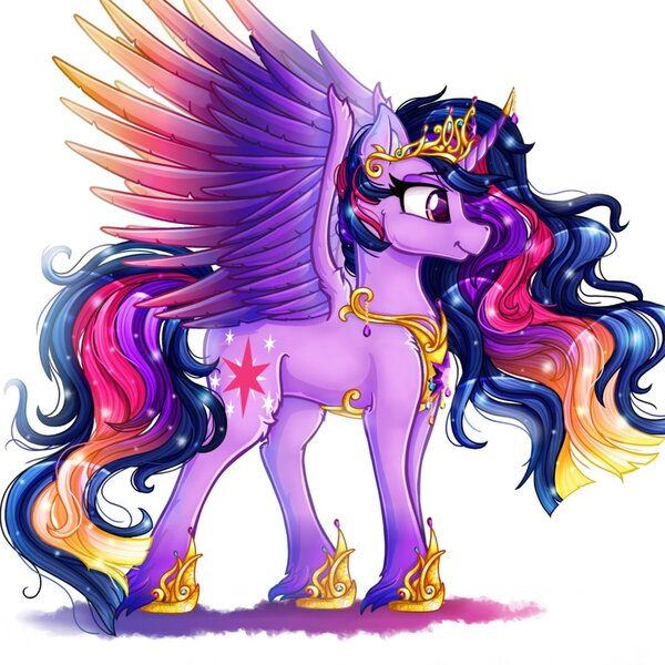 Size: 1080x1080 | Tagged: safe, artist:stainedglasslh, artist:stainedglasslighthea, derpibooru import, princess twilight 2.0, twilight sparkle, twilight sparkle (alicorn), alicorn, pony, the last problem, colored wings, crown, curved horn, cute, cutie mark, ethereal mane, female, hoof shoes, horn, image, jewelry, jpeg, mare, multicolored mane, multicolored tail, multicolored wings, older, older twilight, peytral, regalia, simple background, solo, starry mane, twiabetes, white background, wings