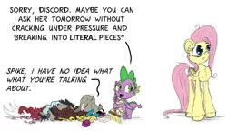 Size: 1800x1034 | Tagged: safe, artist:chopsticks, derpibooru import, discord, fluttershy, spike, dragon, pegasus, pony, atg 2021, blatant lies, broom, cheek fluff, chest fluff, cute, denial, dialogue, ear fluff, fangs, female, image, implied discoshy, implied shipping, implied straight, male, mare, modular, newbie artist training grounds, png, pun, simple background, stray strand, tallershy, text, unshorn fetlocks, visual pun, white background, winged spike