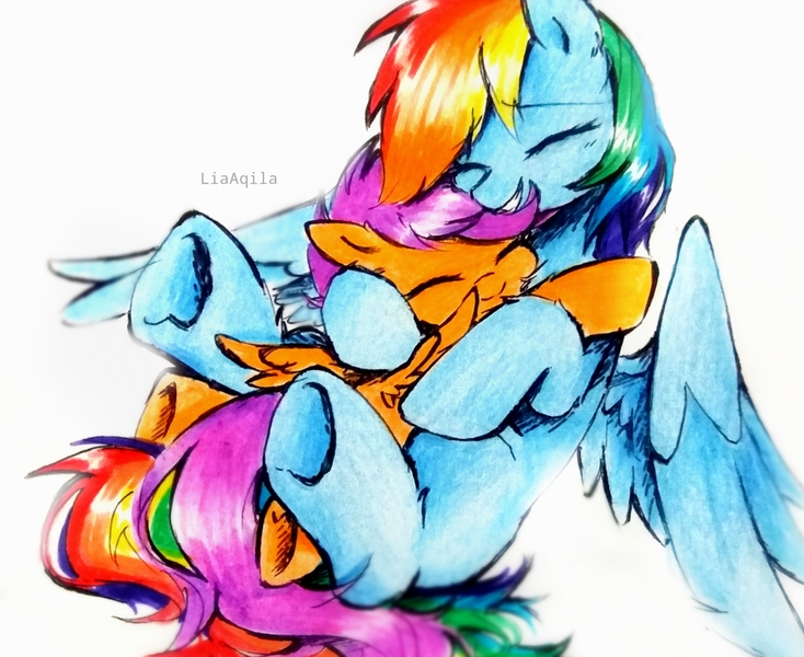 Size: 2563x2095 | Tagged: safe, artist:liaaqila, derpibooru import, rainbow dash, scootaloo, pegasus, pony, cute, cutealoo, dashabetes, eyes closed, female, filly, happy, hug, image, jpeg, mare, scootalove, simple background, smiling, spread wings, traditional art, white background, wings