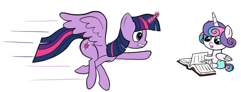 Size: 1600x613 | Tagged: safe, artist:pegapone, derpibooru import, princess flurry heart, twilight sparkle, twilight sparkle (alicorn), alicorn, pony, atg 2021, book, diaper, flying, horn, image, jpeg, magic, magic aura, motion lines, newbie artist training grounds, simple background, spread wings, tearing, white background, wide eyes, wings