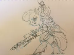 Size: 1333x1000 | Tagged: safe, artist:ncmares, derpibooru import, apple bloom, cyborg, earth pony, pony, fanfic, fanfic:night mares, black and white, fanfic art, female, filly, grayscale, gun, hooves, image, monochrome, optical sight, png, rifle, sketch, sniper, sniper rifle, solo, weapon