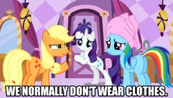 Size: 1280x720 | Tagged: safe, derpibooru import, edit, edited screencap, editor:jaredking203, screencap, applejack, rainbow dash, rarity, earth pony, pegasus, pony, unicorn, the best night ever, bipedal, bipedal leaning, caption, female, image, image macro, leaning, mare, meme, png, text, towel on head, we don't normally wear clothes