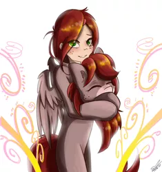 Size: 1522x1621 | Tagged: safe, artist:yuris, derpibooru import, oc, unofficial characters only, human, pegasus, pony, clothes, costume, embarrassed, humanized, image, modesty, png, pony costume, solo