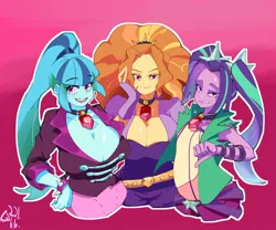 Size: 1800x1500 | Tagged: suggestive, artist:sozglitch, derpibooru import, adagio dazzle, aria blaze, sonata dusk, equestria girls, big breasts, breasts, busty adagio dazzle, busty sonata dusk, cleavage, digital art, female, gem, image, jpeg, siren gem, smiling, the dazzlings