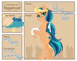 Size: 1500x1200 | Tagged: safe, artist:pixxpal, derpibooru import, oc, oc:playa "spikeball" azul, unofficial characters only, pony, 2016, bipedal, character bio, cutie mark, dappleton, female, image, mare, png, ribbon, simple background, solo, sports, volleyball