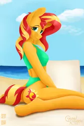 Size: 1600x2400 | Tagged: suggestive, artist:alicorn-without-horn, derpibooru import, sunset shimmer, anthro, unguligrade anthro, unicorn, beach, chair, clothes, cloud, deck chair, horseshoes, image, ocean, one-piece swimsuit, plane, png, ship, sky, solo, swimsuit, thong swimsuit
