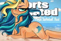 Size: 1080x720 | Tagged: safe, artist:pixxpal, derpibooru import, oc, oc:playa "spikeball" azul, unofficial characters only, pony, 2017, beach, bedroom eyes, cloud, draw me like one of your french girls, female, flank, image, lying down, mare, ocean, png, poster, sand, sky, solo, sports poster