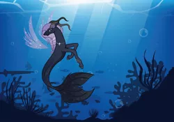 Size: 1280x897 | Tagged: safe, artist:amjcreations, derpibooru import, oc, unofficial characters only, fish, seapony (g4), bubble, coral, crepuscular rays, custom, fin wings, fish tail, image, irl, jpeg, ocean, photo, seaweed, solo, sunlight, tail, toy, underwater, water, wings