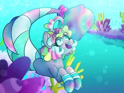 Size: 1600x1200 | Tagged: safe, artist:zyngacat, derpibooru import, pinkie pie, merpony, bubble, coral, crepuscular rays, crossover, female, fish tail, fusion, heart eyes, image, looking up, no straight roads, ocean, open mouth, open smile, png, sayu, seaweed, smiling, solo, sunlight, swimming, tail, underwater, water, wingding eyes