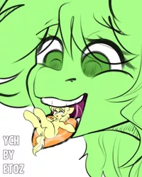 Size: 2000x2500 | Tagged: suggestive, artist:etoz, derpibooru import, oc, pony, advertisement, auction, commission, female, generic pony, happy, image, imminent vore, macro, macro/micro, maw, mawshot, micro, open mouth, png, smiling, surprised, teeth, tongue out, vore, ych example, ych sketch, your character here, your character here auction