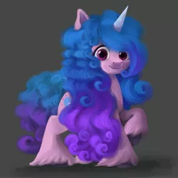 Size: 3893x3893 | Tagged: safe, artist:ailatf, derpibooru import, izzy moonbow, pony, unicorn, female, g5, gray background, high res, hoof fluff, image, jpeg, looking at you, mare, raised hoof, simple background, smiling, solo, unshorn fetlocks