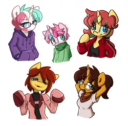 Size: 1418x1396 | Tagged: safe, artist:spheedc, derpibooru import, oc, oc:ardent moon, oc:cotton sweets, oc:lexie, oc:steffy, oc:tomato sauce, unofficial characters only, earth pony, semi-anthro, unicorn, clothes, digital art, glasses, image, png, rule 63, simple background, white background