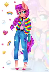 Size: 2048x3000 | Tagged: safe, artist:meqiopeach, derpibooru import, sunny starscout, anthro, earth pony, human, pony, bag, braid, clothes, cute, eyelashes, female, full body, g5, hairpin, hands in pockets, hoodie, humanized, image, jeans, looking at you, mare, pants, png, rainbow, shirt, solo, standing, sunnybetes, tail