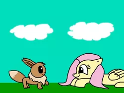 Size: 2000x1498 | Tagged: safe, artist:blazewing, derpibooru import, fluttershy, eevee, pegasus, cloud, colored background, curious, drawpile, image, lying down, newbie artist training grounds, png, pokémon, prone, raised paw, smiling, surprised