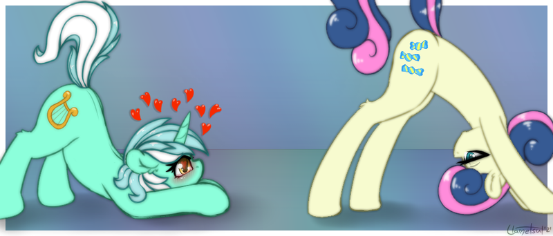Size: 1004x429 | Tagged: safe, artist:llametsul, derpibooru import, bon bon, lyra heartstrings, sweetie drops, earth pony, pony, unicorn, ass up, atg 2021, couple, cute, cutie mark, face down ass up, female, floating heart, heart, heart eyes, image, lesbian, looking at each other, looking between legs, love, lyrabetes, lyrabon, mare, newbie artist training grounds, png, shipping, wingding eyes, yoga