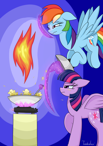 Size: 2480x3507 | Tagged: safe, artist:twidasher, derpibooru import, rainbow dash, twilight sparkle, twilight sparkle (alicorn), alicorn, pegasus, pony, boiling, cooking, duo, female, fire, flying, food, force field, french fries, frying pan, gradient background, hay fries, image, lesbian, magic, oil, png, shipping, signature, twidash