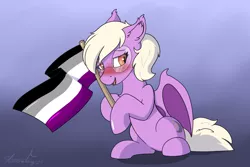 Size: 3000x2000 | Tagged: safe, artist:aurorafang, derpibooru import, oc, oc:pinkfull night, unofficial characters only, bat pony, pony, asexual pride flag, bat pony oc, bat wings, blushing, fangs, female, glasses, image, png, pride, pride flag, shy, solo, teenager, wings