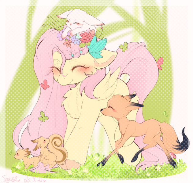 Size: 1135x1080 | Tagged: safe, artist:糖希, derpibooru import, fluttershy, butterfly, chipmunk, fox, insect, pegasus, pony, rabbit, animal, blushing, braid, cute, daaaaaaaaaaaw, flower, flower in hair, grass, image, png, shyabetes, solo, that pony sure does love animals, tree