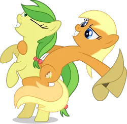 Size: 2126x2086 | Tagged: safe, artist:thatusualguy06, derpibooru import, apple cobbler, apple fritter, earth pony, pony, apple family member, atg 2021, cowboy hat, duo, duo female, female, gritted teeth, hat, high res, horse riding a horse, image, looking at each other, mare, newbie artist training grounds, one eye closed, png, ponies riding ponies, raised hoof, riding, simple background, transparent background, vector, wink