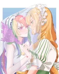 Size: 500x627 | Tagged: artist needed, source needed, safe, derpibooru import, applejack, rainbow dash, human, appledash, bouquet, female, flower, humanized, image, jpeg, lesbian, looking at each other, looking into each others eyes, marriage, shipping, veil, wedding