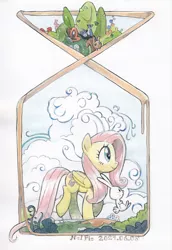 Size: 1280x1864 | Tagged: safe, artist:nel-fie, derpibooru import, angel bunny, fluttershy, bird, butterfly, insect, pegasus, pony, rabbit, squirrel, animal, bush, cloud, duo, female, folded wings, image, looking away, mare, modern art, nouveau, outdoors, png, profile, raised hoof, raised leg, smiling, traditional art, tree, walking, watercolor painting, wings