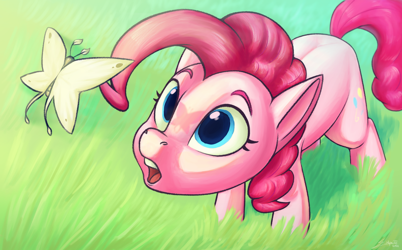 Size: 3700x2300 | Tagged: safe, artist:silverhopexiii, derpibooru import, pinkie pie, butterfly, earth pony, insect, pony, cute, diapinkes, female, high res, image, looking at something, mare, open mouth, overhead view, png, solo