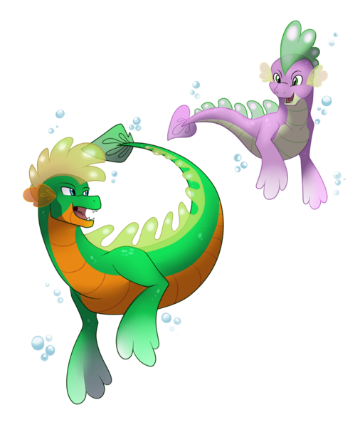 Size: 1280x1539 | Tagged: safe, artist:eternity9, derpibooru import, spike, oc, dragon, sea dragon, bubble, image, looking at each other, male, open mouth, png, simple background, species swap, spike the seadragon, swimming, transparent background