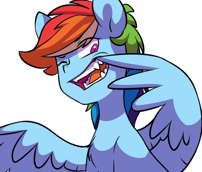 Size: 4175x3570 | Tagged: safe, alternate version, artist:chub-wub, derpibooru import, rainbow dash, pegasus, pony, cute, cute little fangs, dashabetes, fangs, female, high res, image, jpeg, mare, one eye closed, open mouth, simple background, solo, white background, wing hands, wings, wink