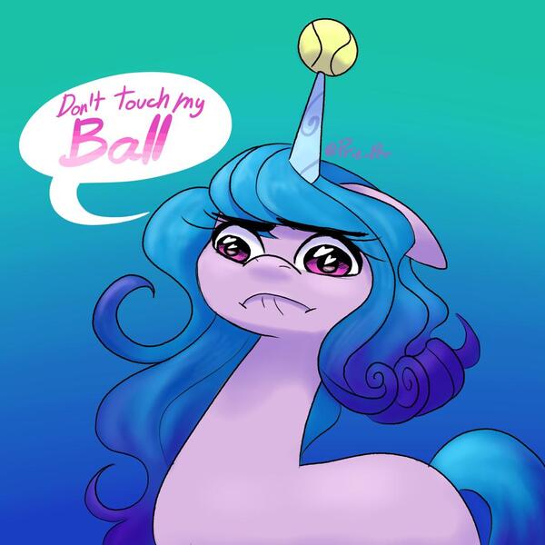 Size: 1024x1024 | Tagged: safe, artist:elcy_bellcup, derpibooru import, izzy moonbow, pony, unicorn, ball, female, floppy ears, g5, gradient background, heart eyes, horn, horn guard, horn impalement, hornball, image, izzy's tennis ball, jpeg, lip bite, mare, signature, solo, speech bubble, tennis ball, wingding eyes