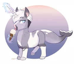 Size: 2730x2379 | Tagged: safe, artist:askbubblelee, derpibooru import, oc, oc:trots n socks, unofficial characters only, pony, sea pony, chibi, cute, digital art, female, food, glowing horn, high res, horn, ice cream, image, licking, magic, mare, ocbetes, png, ponysona, smiling, solo, tongue out, whale pony