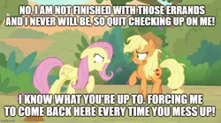 Size: 888x499 | Tagged: safe, derpibooru import, edit, edited screencap, screencap, applejack, fluttershy, season 8, sounds of silence, spoiler:s08, angry, applejack's hat, caption, cowboy hat, duo, floppy ears, hat, image, image macro, imgflip, jpeg, meme, messy mane, spongebob squarepants, squid's day off, text, yelling